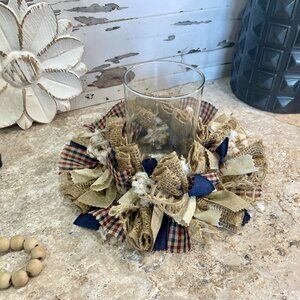 4th of July Decor, Patriotic Rag Candle Ring, Red White and Blue Rag Candle Ring